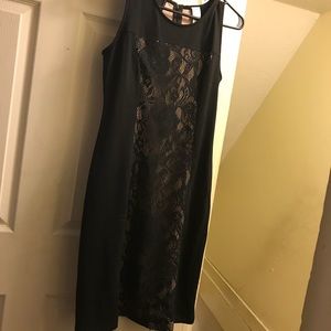 Sleeveless black lace dress (front to back)
